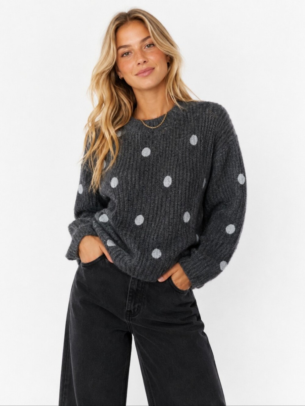 JOA Gray/ Metallic Polka Dot Chunky Wool Blend Boxy Knit Crewneck Sweater Sz XS